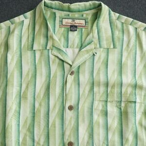 Tommy Bahama Hawaiian Silk Camp Shirt Green Stripe Button Up Short Sleeve Medium